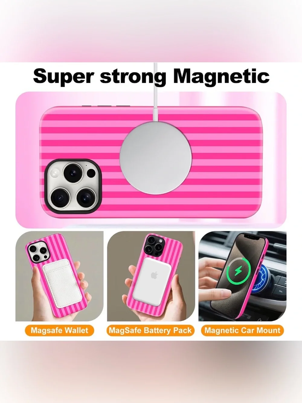 NEW iPhone 17 (6.3”) Shock Resistant MagSafe Phone Case Slim Hot Pink Striped
